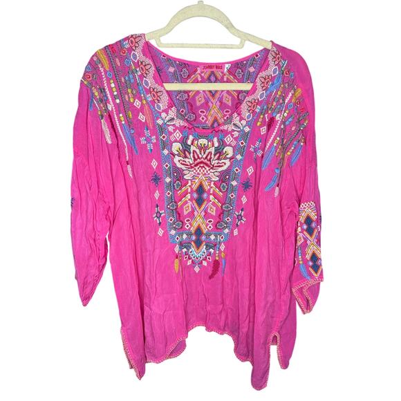 Johnny Was Tops - Johnny Was Rangoon Blouse Paradise Pink Embroidered Flowy Top Size XL